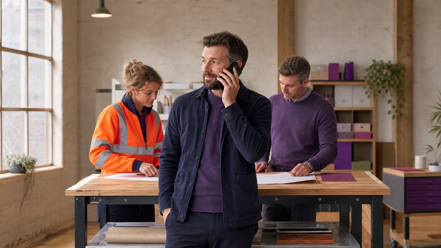 Three colleagues in a UK studio workspace, one taking a call on a mobile phone, sharing a single business number.