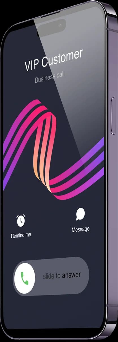 An incoming business call on the Mobile+ app — the caller named, with slide to answer.