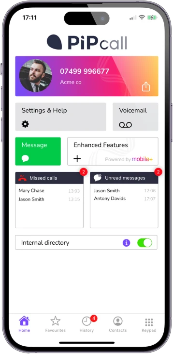 The Mobile+ app on a mobile phone, showing the business number, missed calls and unread messages.