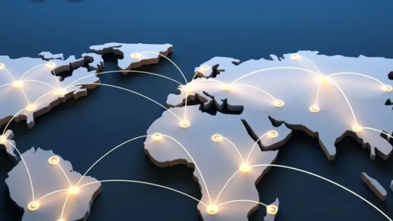 A world map with connections lit between continents.