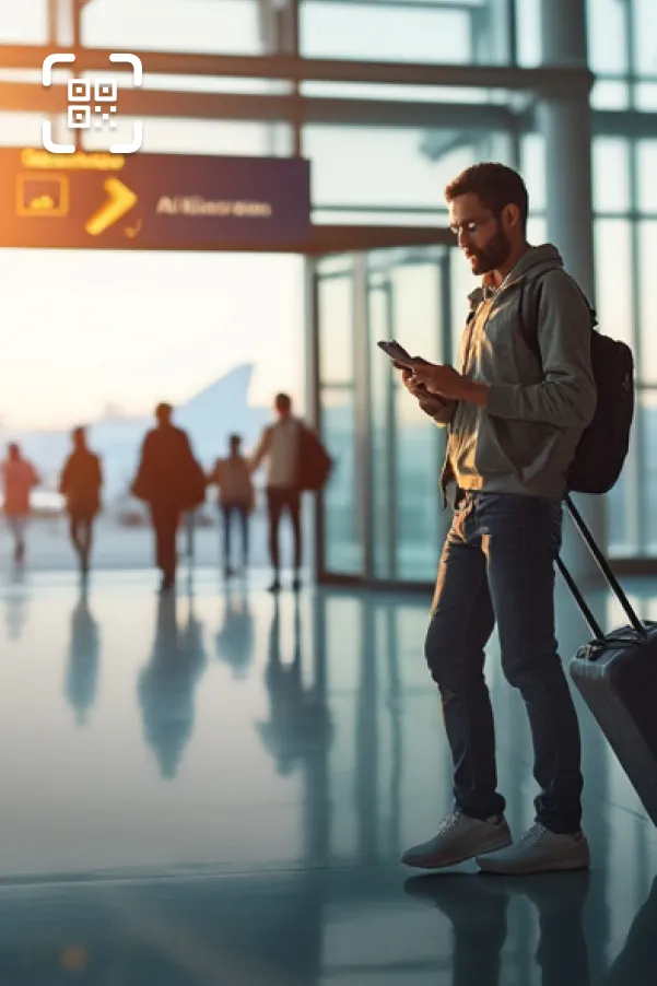 A business traveller checking their phone under an airport departures sign.