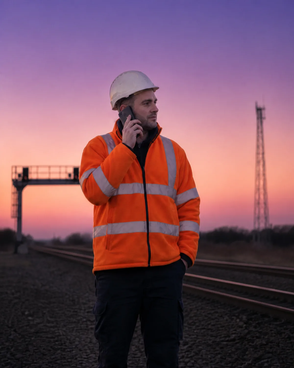A trackside worker in a high-visibility jacket and hard hat taking a call on a mobile at dusk, with a signal gantry and a telecoms mast behind them.