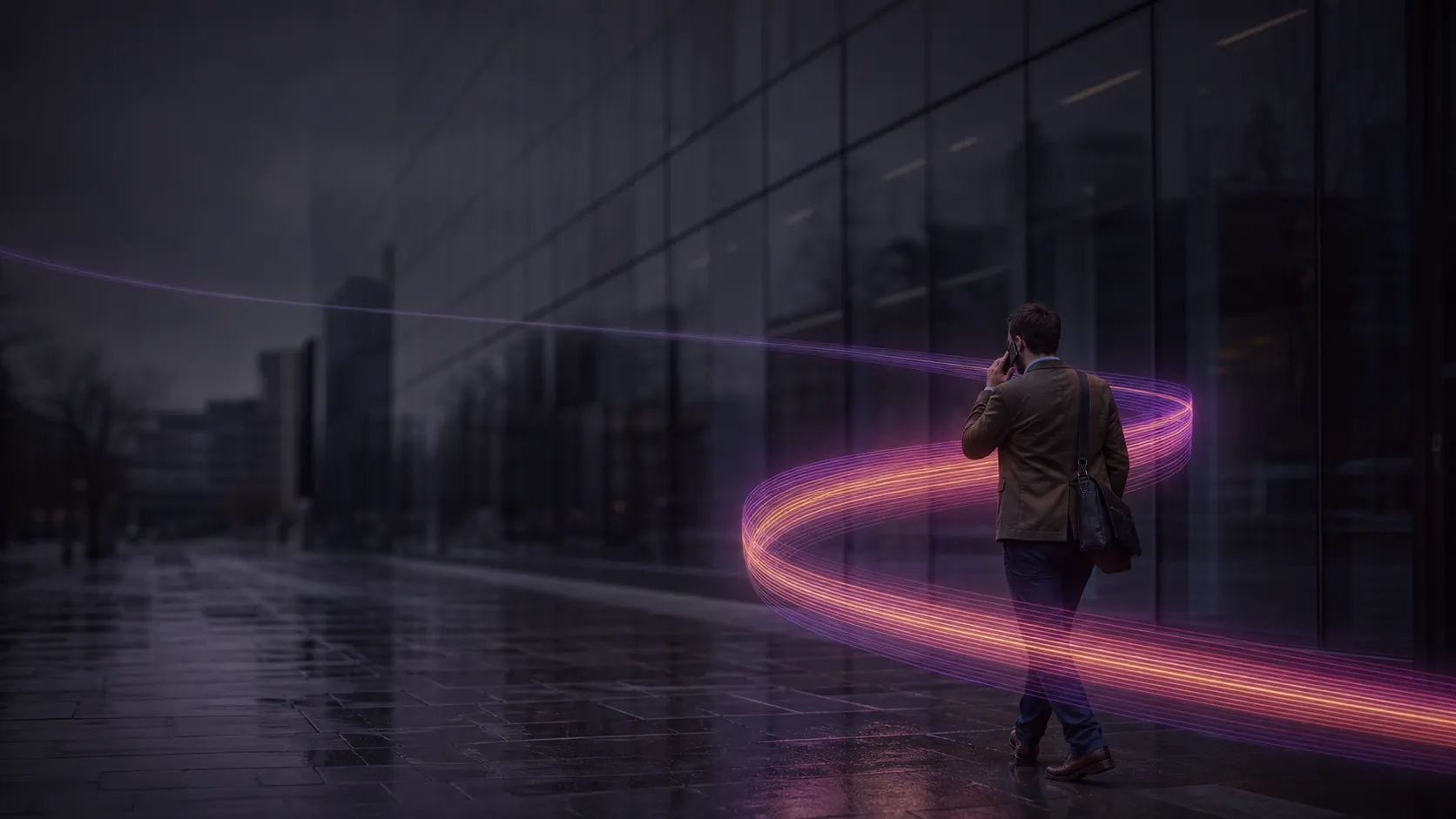 A man walking along a wet city street outside a glazed office, taking a call on his mobile, with a glowing violet and magenta ribbon curving around him
