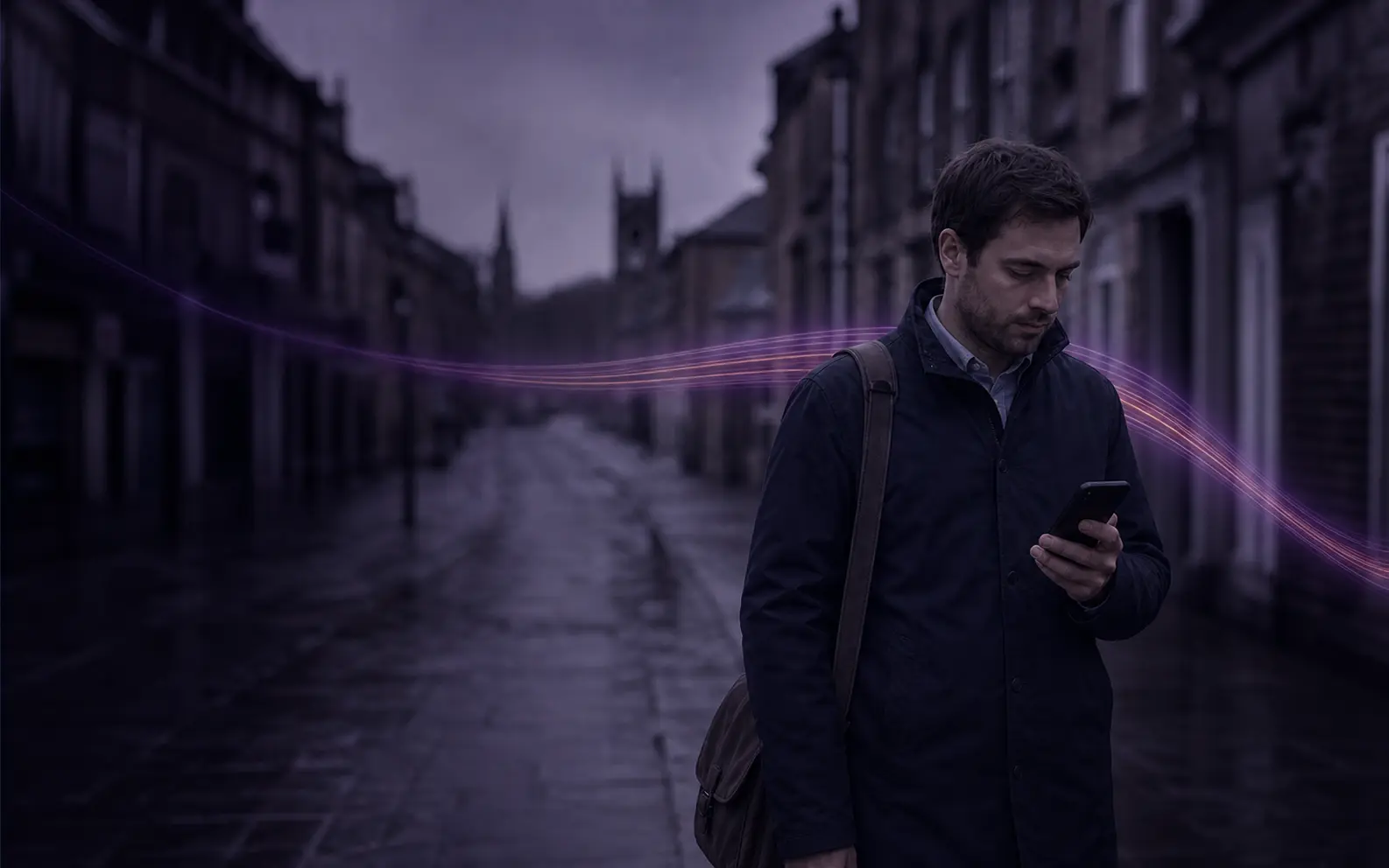 A man on a wet UK high street looking at his mobile, with a faint violet and magenta ribbon passing behind him and away down the street.