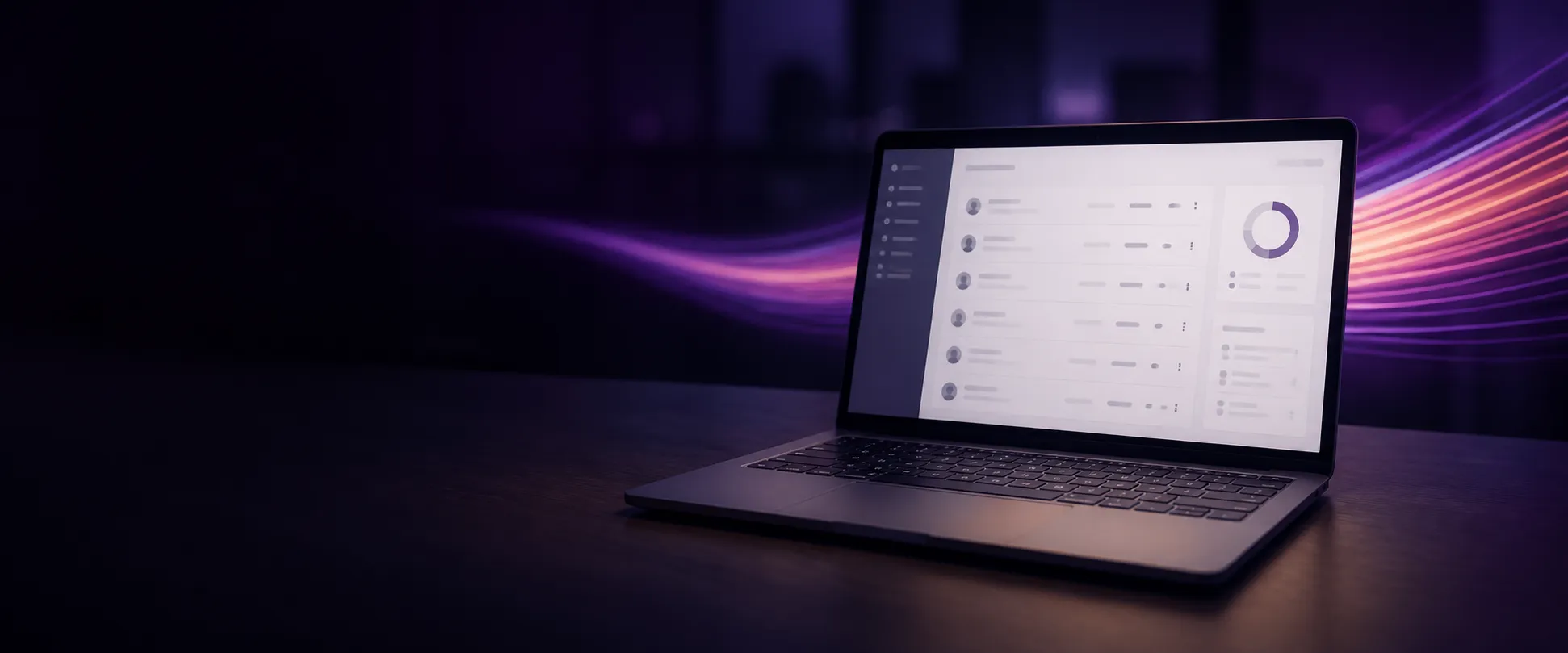 An open laptop on a dark desk showing a user management dashboard, with a glowing violet and magenta ribbon passing behind it