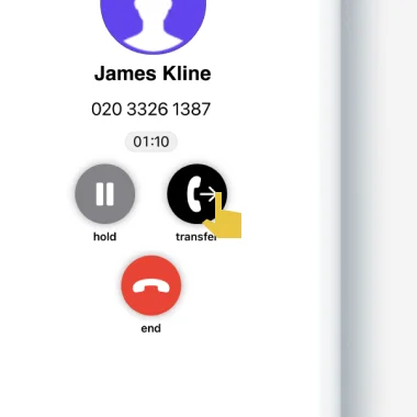 The in-call controls open, with the transfer button highlighted.