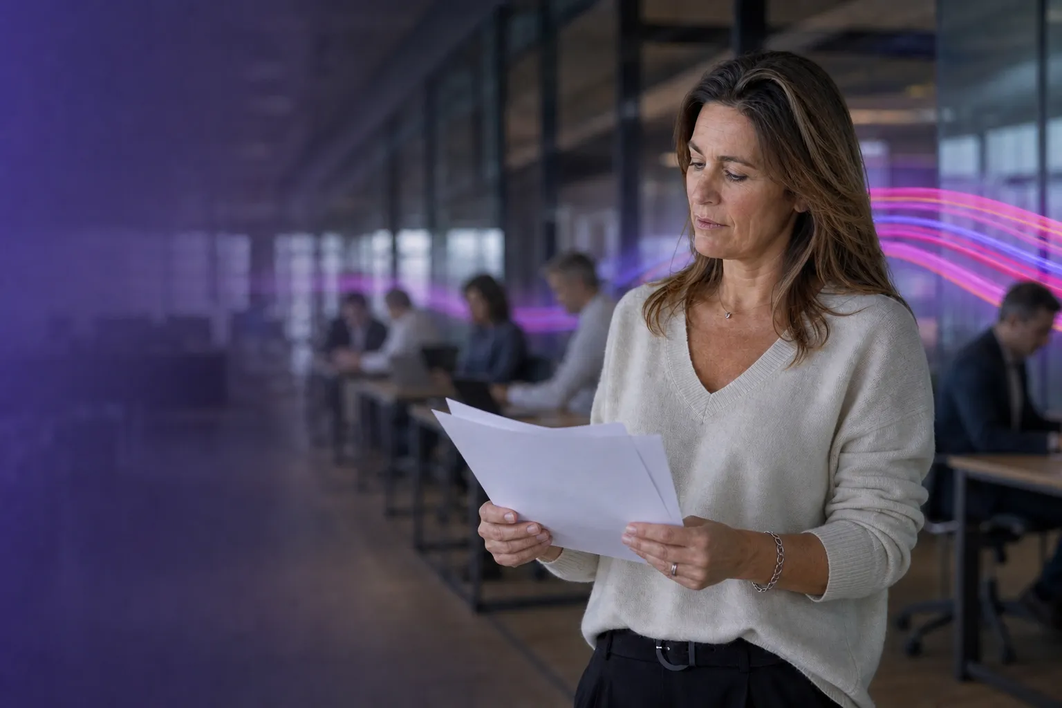 A business leader reading a document in a large modern open-plan office, colleagues working at desks behind her