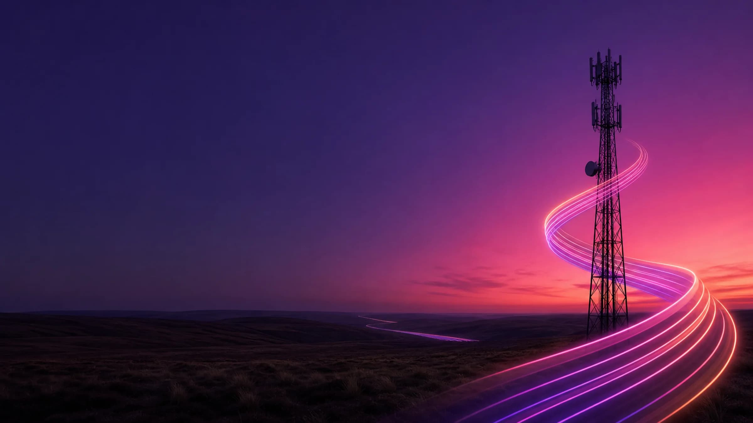 A business professional taking a call on a mobile in a city at dusk, the PiPcall ribbon threading through the scene.