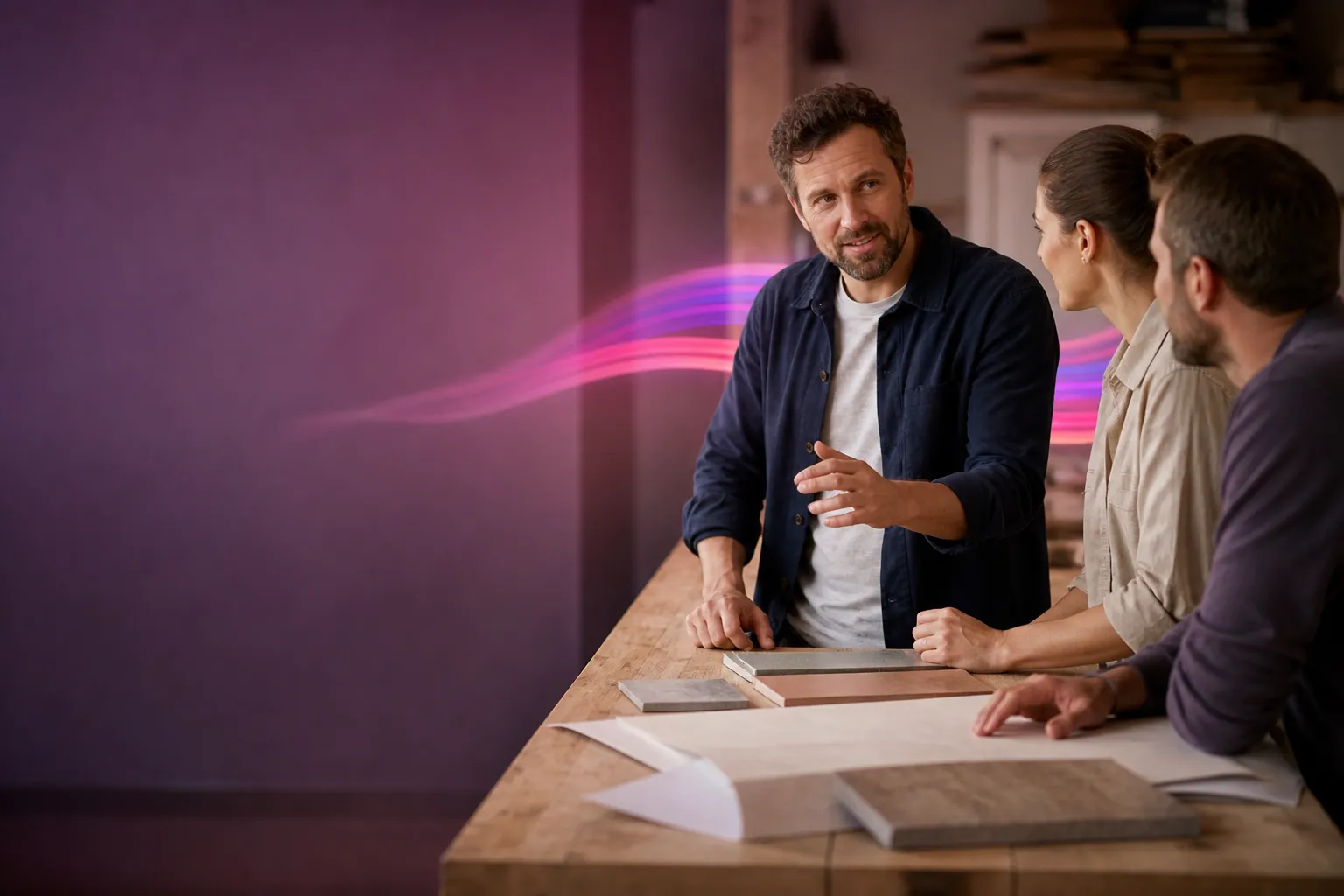 A business owner discussing material samples with two colleagues across a workbench in a studio workshop