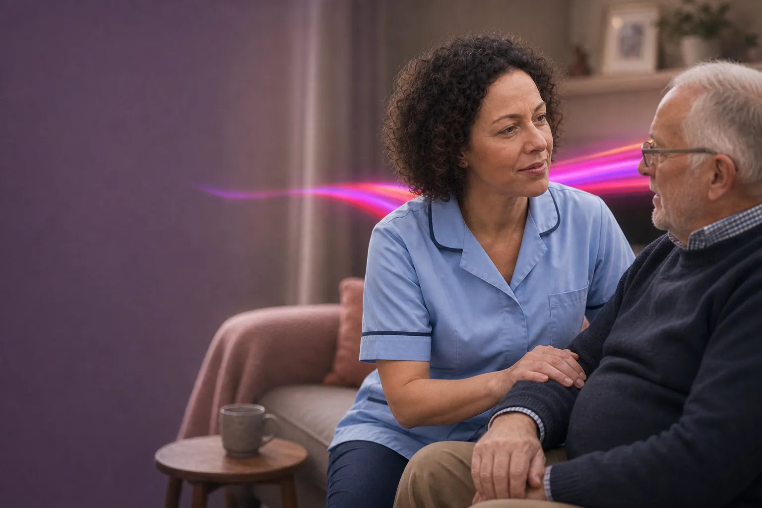A community care worker sitting with an older man in his home, her hand reassuringly on his arm