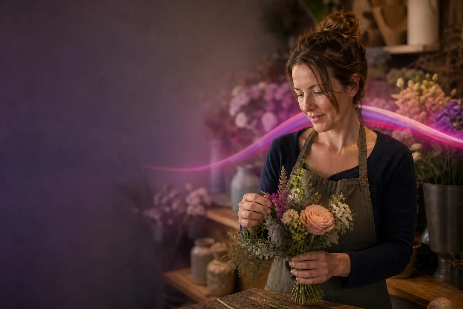 An independent florist arranging a bouquet at her workbench, flowers and vases filling the shop behind her