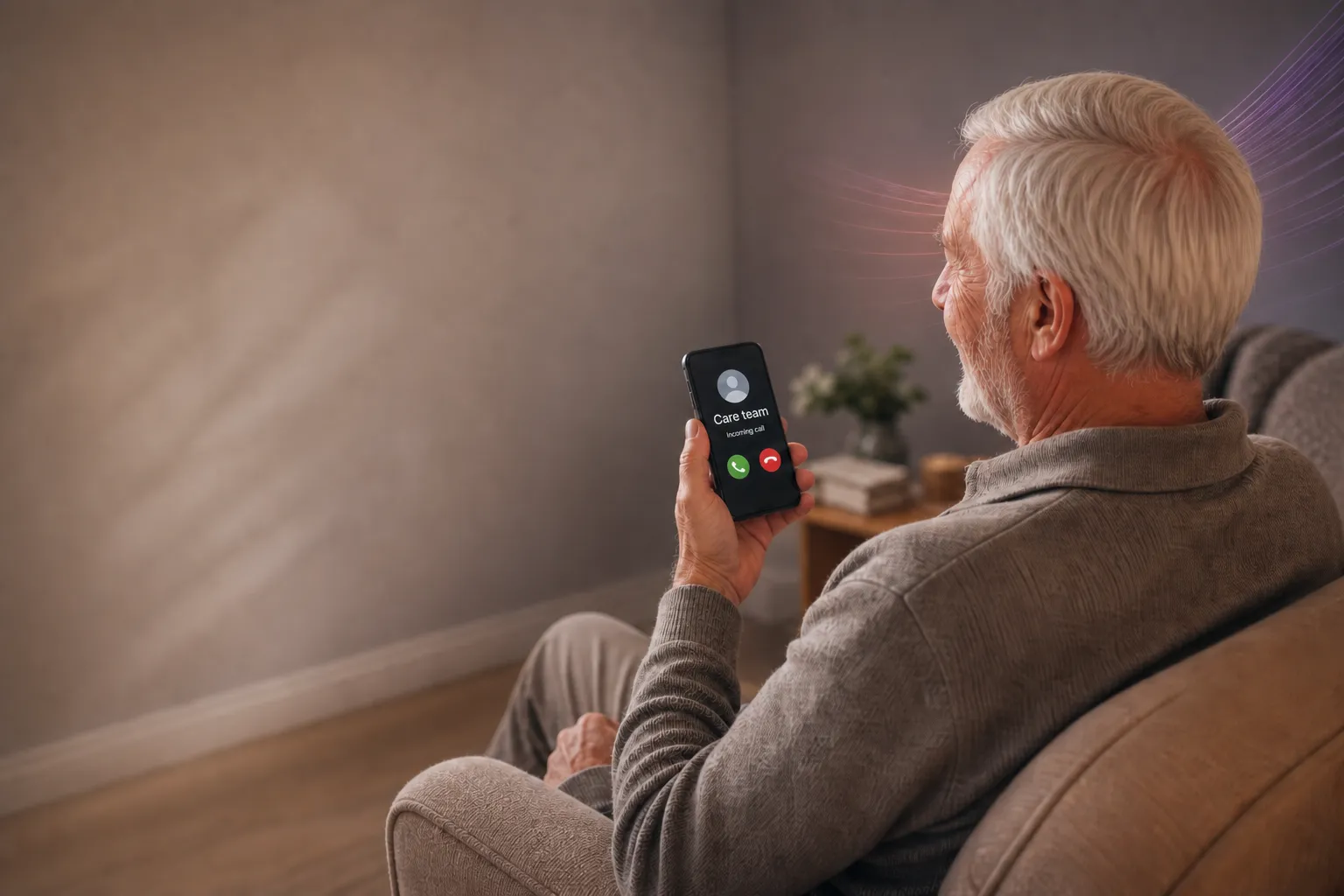 An elderly man sitting in an armchair at home looking at his mobile, an incoming call showing on the screen