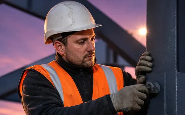 A construction worker fixing steel reinforcement on site