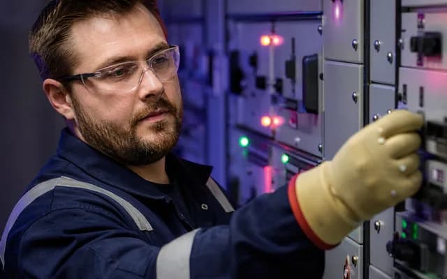 An engineer operating a high-voltage electrical switchboard