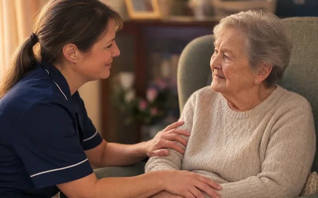 A nurse on a home visit talking with a patient