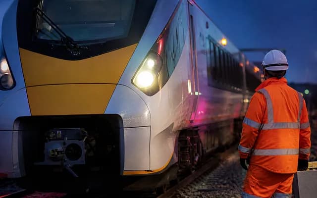 A trackside rail worker in hi-vis beside a train