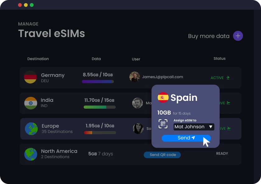 The portal assigning a 10GB Spain eSIM to a named user, with a QR code to send them.