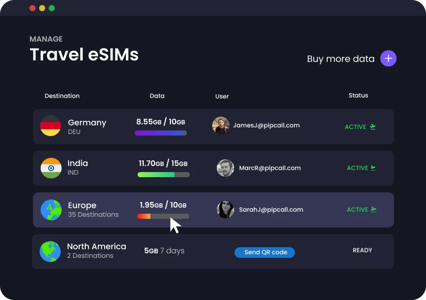 The portal's dashboard listing each destination, how much data each user has left, and whether their eSIM is active or ready.