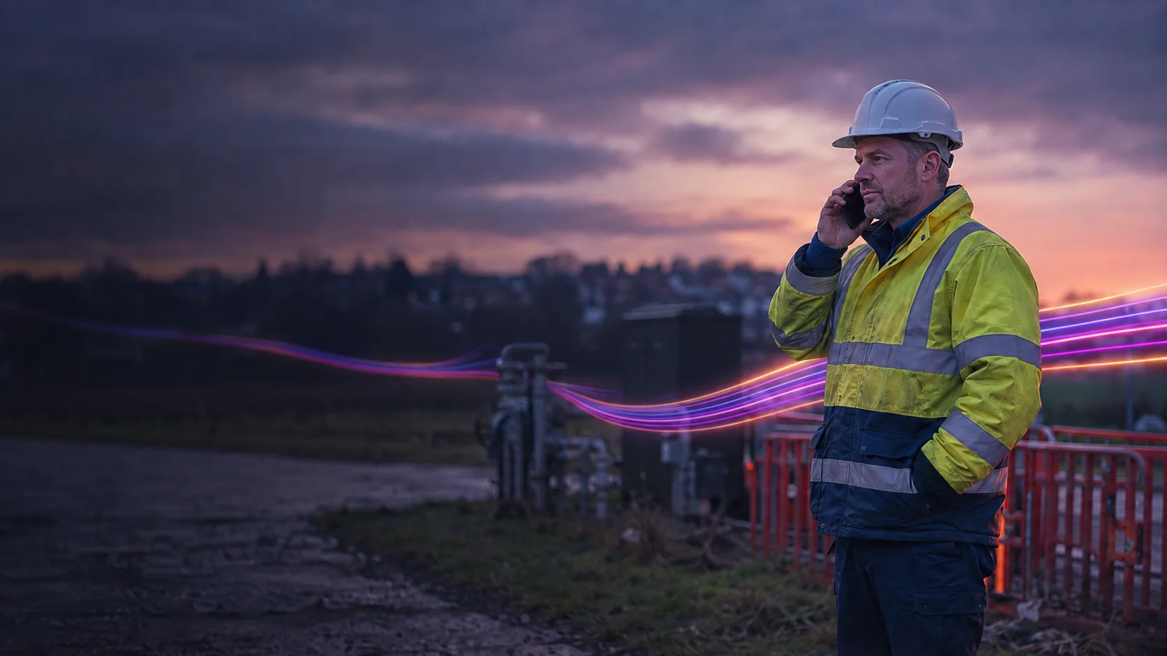 A worker taking a call on a mobile outdoors at dusk with the PiPcall ribbon threading through the scene.